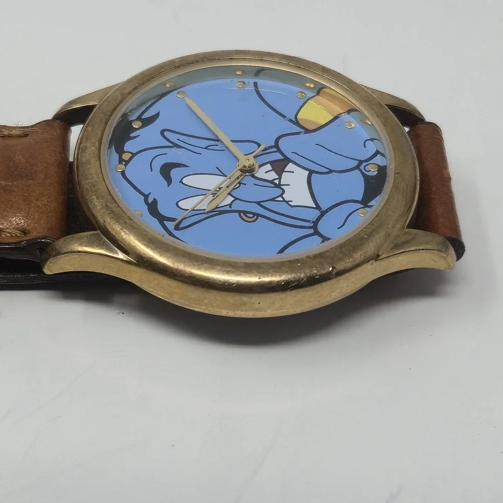 Vintage Fossil Disney Aladdin Genie Watch Gold Tone Brown Leather Strap NO BATT